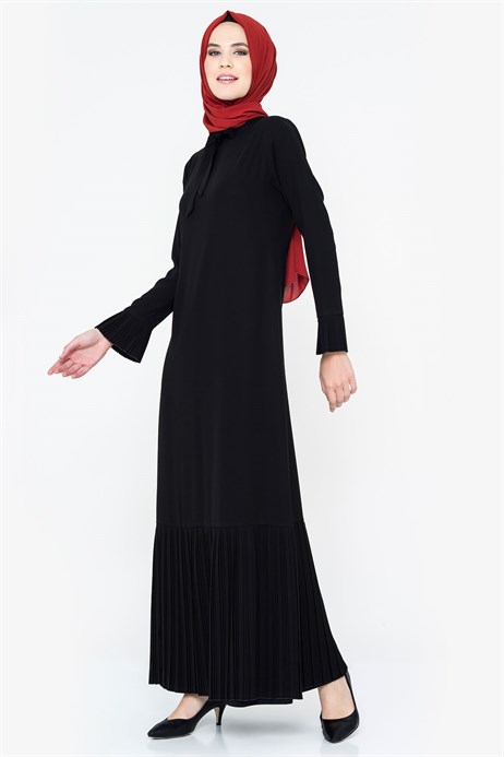 Beyza-Pleated Black Modest Dress