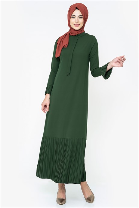 Beyza-Pleated Green Modest Dress