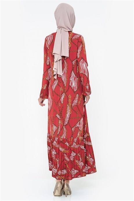 Beyza-Chain Patterned Pleated Claret Red Modest Dress