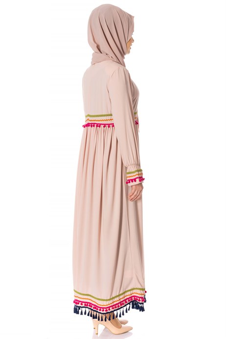 Beyza-Ponpon Detaylı Pudra Tesettür Elbise 751