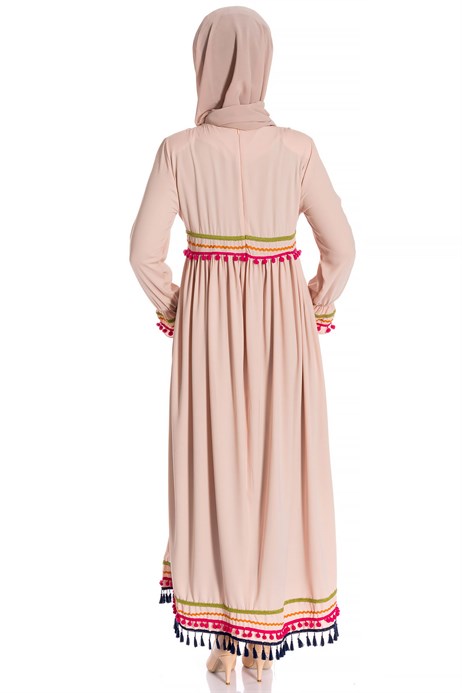 Beyza-Powder Modest Dress with Pompom Detail
