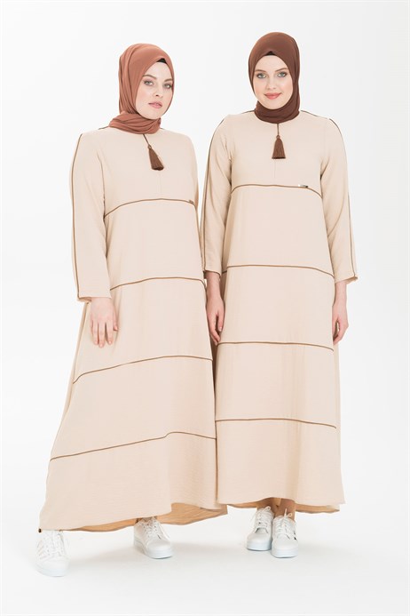 Fringe Detailed Beige Hijab Dress 5243