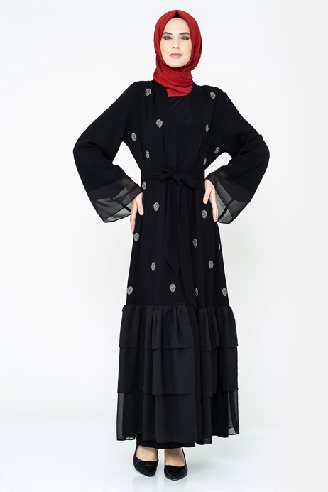 Zippered Chiffon Detailed Gemmed Black Abaya Ferace