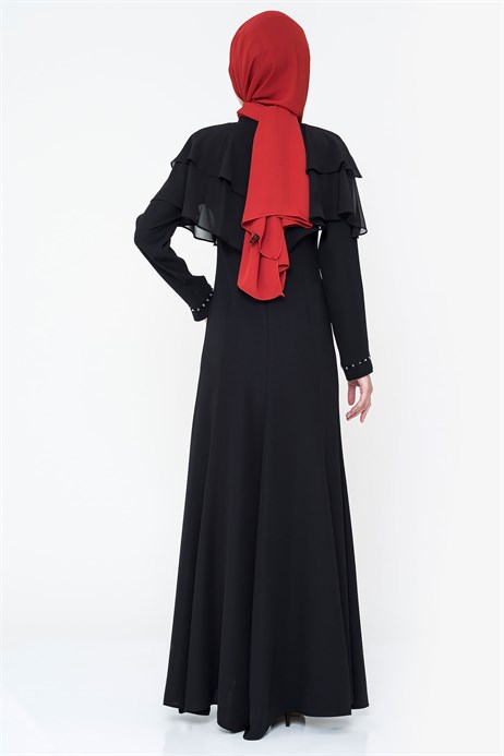 Beyza-Şifon Detaylı Taşlı Siyah Tesettür Abiye Elbise 5032