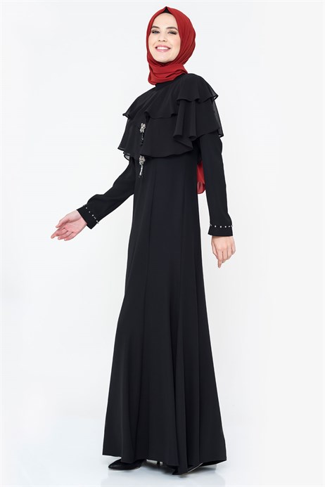 Beyza-Chiffon Detailed Gemmed Black Modest Evening Dress