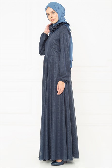 Beyza-Silvery Flared Skirt Navy Blue Modest Evening Dress 3M5173
