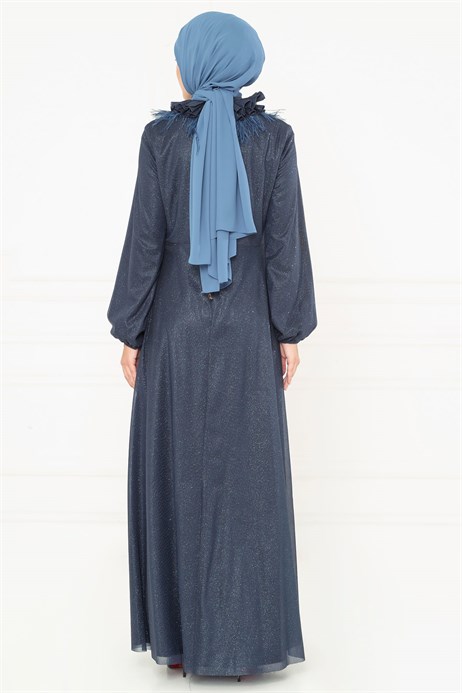 Beyza-Silvery Flared Skirt Navy Blue Modest Evening Dress 3M5173