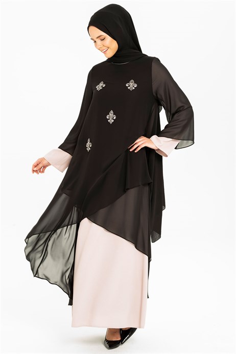 Beyza-Gemmed Chiffon Detailed Beige / Black Modest Evening Dress 3M5176