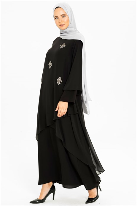 Beyza-Gemmed Chiffon Detailed Black Modest Evening Dress 3M5176