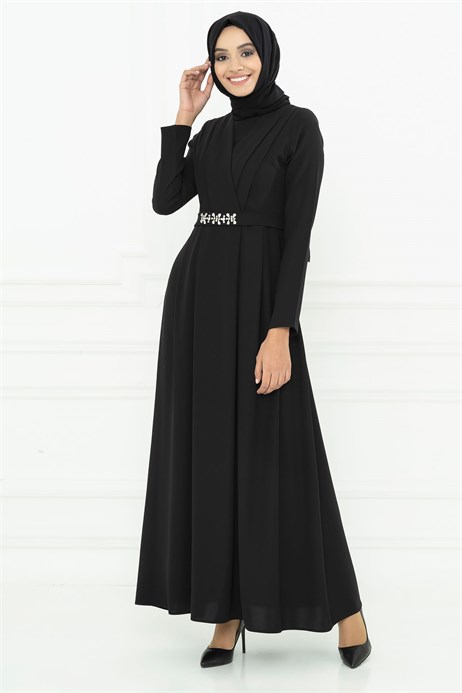 Beyza-Gemmed Belted Black Modest Evening Dress 3M5057