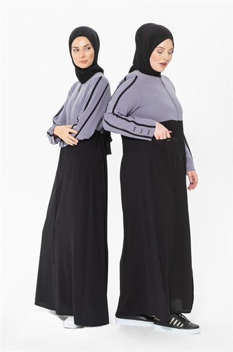 Beyza-Striped Grey - Black Abaya with Patch Pockets 3328