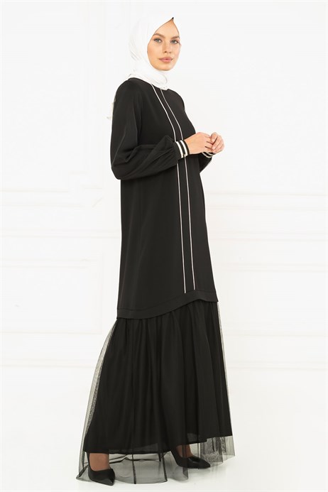 Beyza-Net and Pipe Detailed Black Modest Dress 3M5136