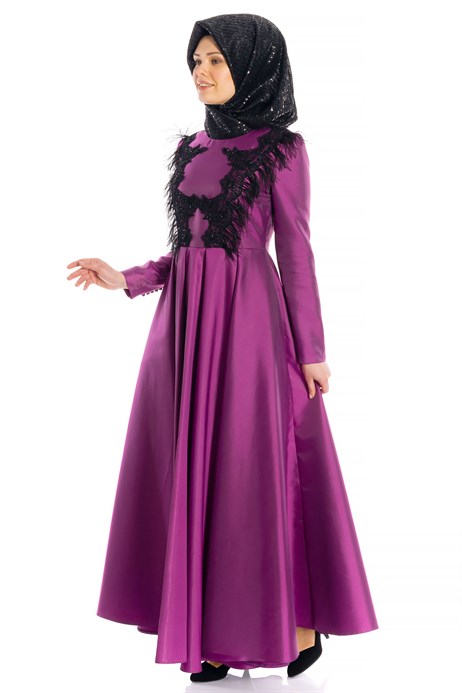 Beyza-Feathery Laced Lilac Modest Evening Dress