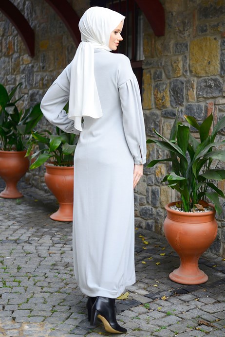 Beyza-Neck Ornamented Antrasit Modest Dress