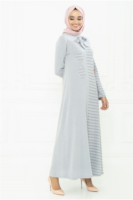 Beyza-Neck Ornamented Lace-up Grey Modest Dress 3M5111