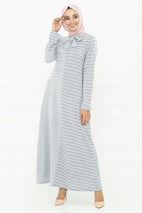 Beyza-Neck Ornamented Lace-up Grey Modest Dress 3M5111