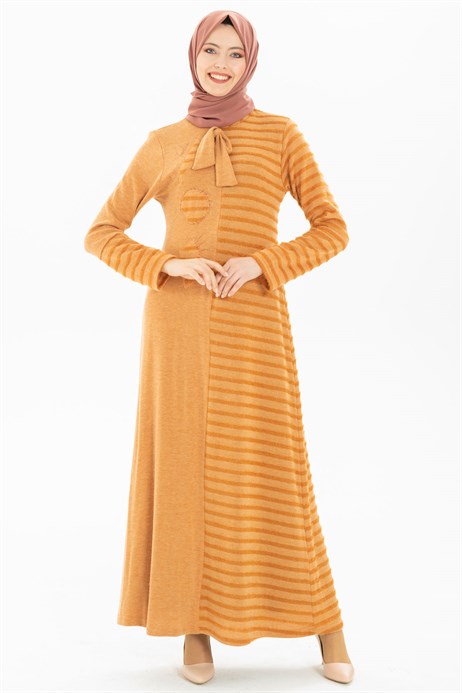 Beyza-Neck Ornamented Lace-up Orange Modest Dress 3M5111