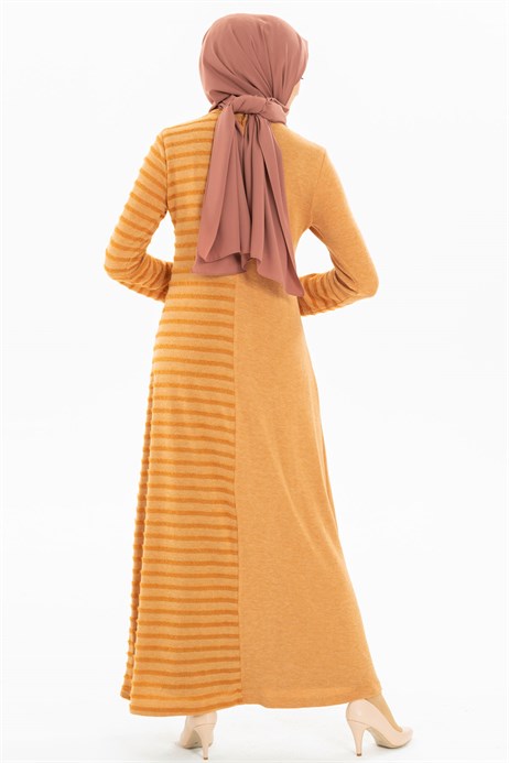 Beyza-Neck Ornamented Lace-up Orange Modest Dress 3M5111