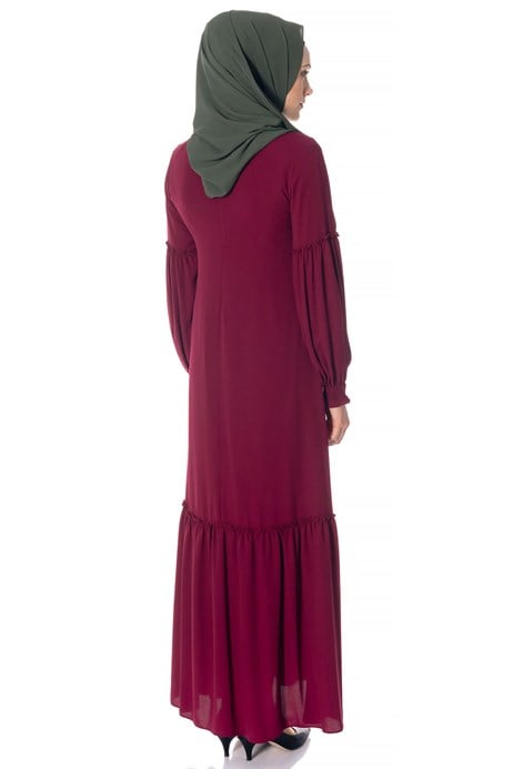 Beyza-Neck Ornamented Claret Red Modest Dress