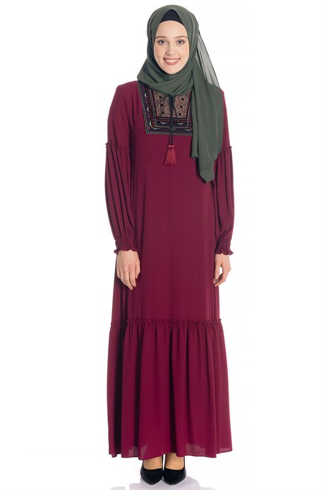 Beyza-Neck Ornamented Claret Red Modest Dress