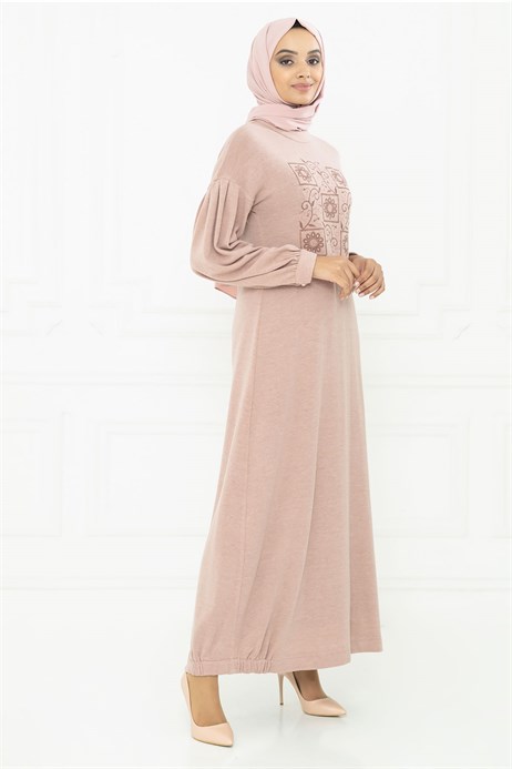 Beyza-Neck Ornamented Powder Modest Dress 3M5114