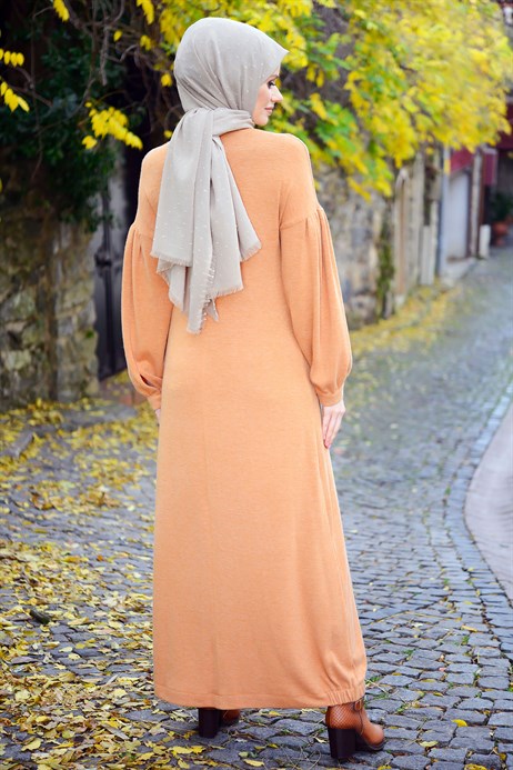 Beyza-Neck Ornamented Orange Modest Dress
