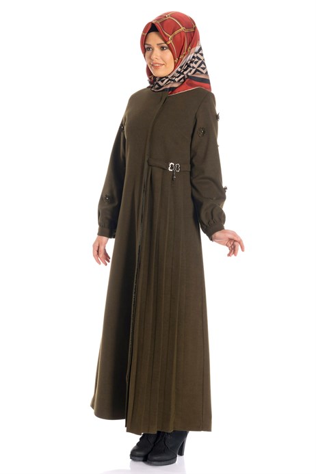 Beyza-Khaki Long Coat with Sideways Belt