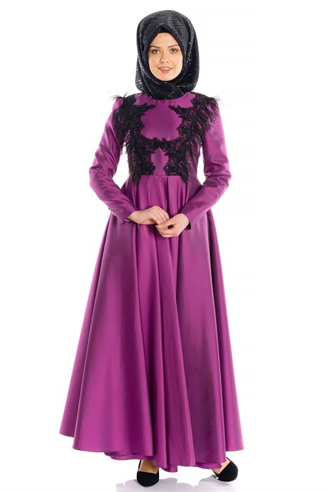 Beyza-Feathery Laced Lilac Modest Evening Dress