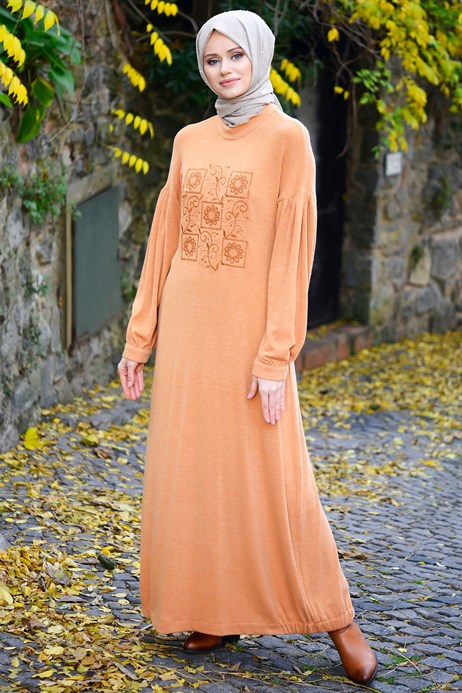 Beyza-Neck Ornamented Orange Modest Dress